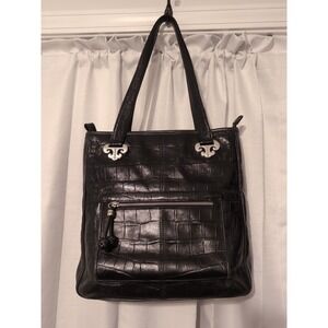 Brighton Black Leather Alligator Embossed Tote Handbag Silver Hardware